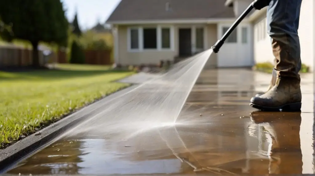 Pressure washing driveway. Close up on water splash and worker in worker boots cleaning driveway with pressure washer. - Packard Power Washing driveway cleaning